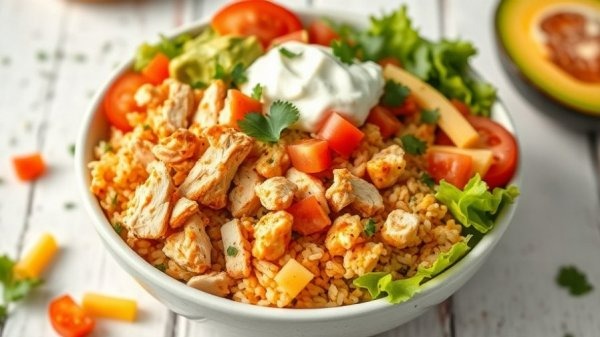 Vibrant chicken burrito bowl with fresh toppings on a white table.