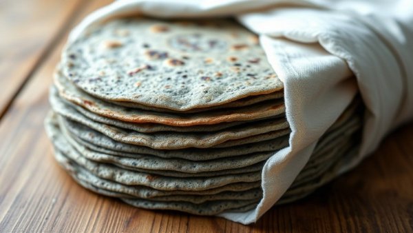 Rustic blue corn tortillas wrapped in white cloth on a table.