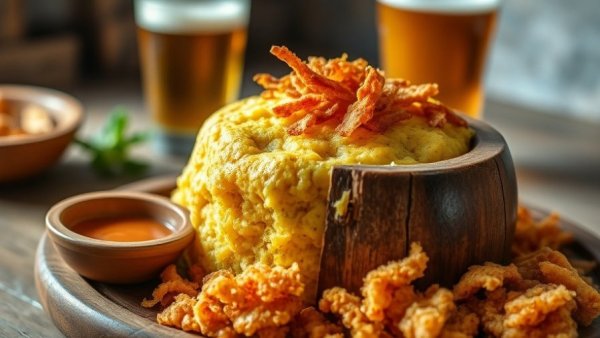 Air Fryer Mofongo served in a wooden mortar with beer.
