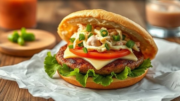 Delicious arepa burger with toppings and sauce.