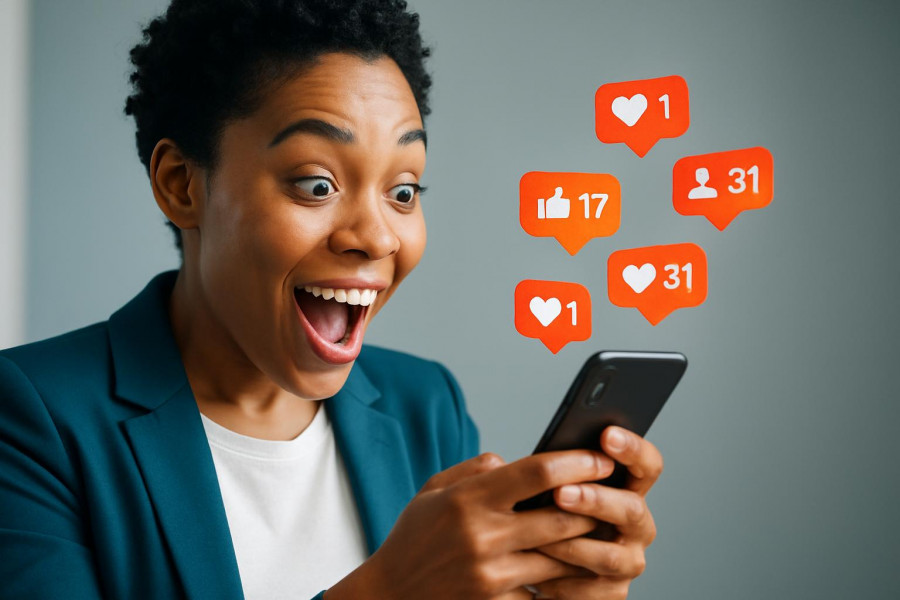 Confident young marketer surprised by social media growth on smartphone, editorial style.