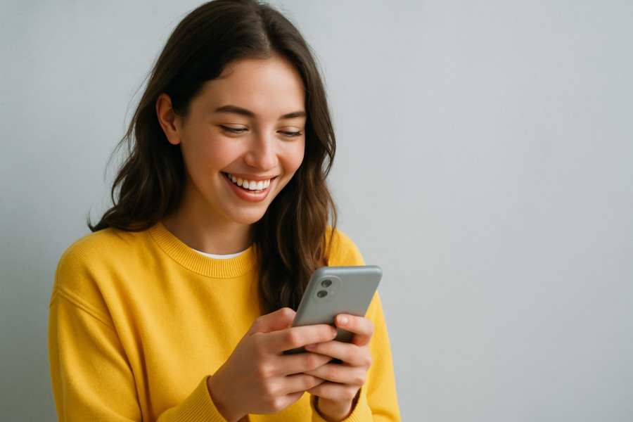 Cheerful young woman smiles at her smartphone, embodying joy and emotion.