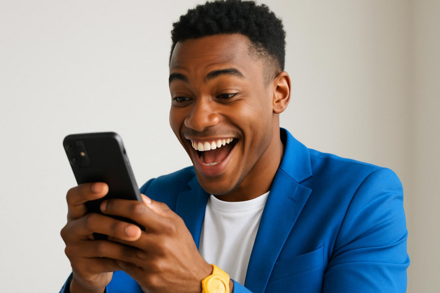 Energetic young professional smiling and discovering on a smartphone in bright lighting.
