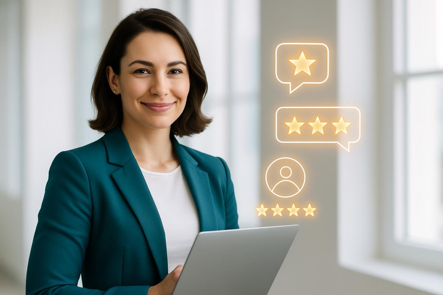 Confident businesswoman smiling with laptop, glowing reviews around her.