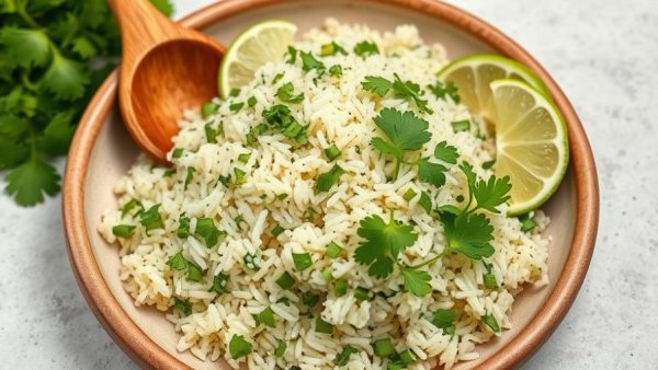 Cilantro lime rice recipe in a rustic bowl with lime wedges.