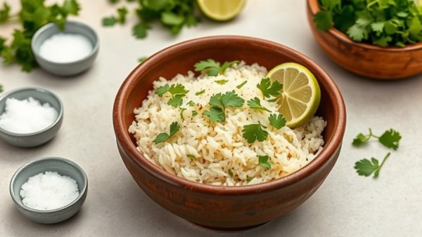 Cilantro lime rice recipe with lime wedges and cilantro garnish.