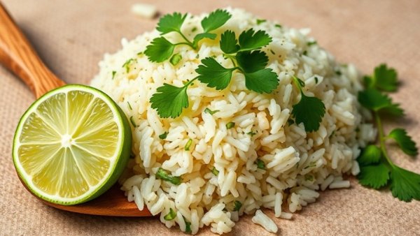 Delicious cilantro lime rice with lime wedges and cilantro garnish.