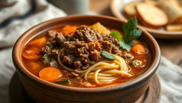 Sopa de fideo con carne molida in a rustic clay bowl.