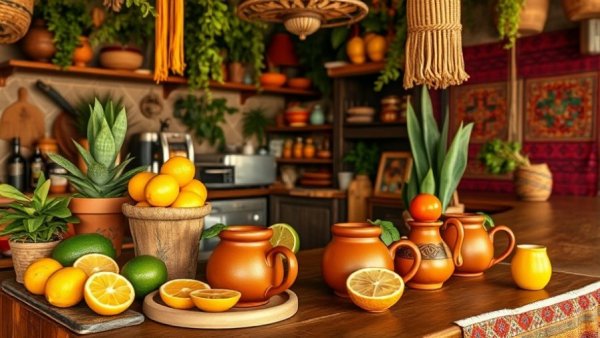 Traditional Mexican cantarito bar with tequila and garnishes.