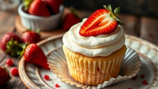 Tres Leches Cupcake with whipped cream and strawberry on a plate.