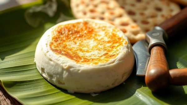 Quesito Colombiano displayed on banana leaf with knife and arepa