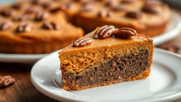 Slice of pumpkin chocoflan with pecans on a white plate.