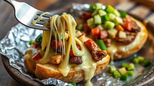Papas Locas recipe with melted cheese and toppings close-up.