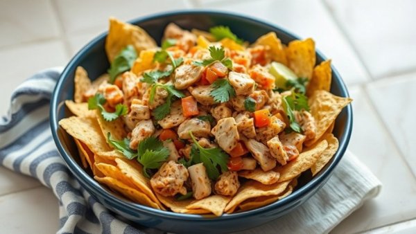 Chipotle chicken salad with tortilla chips in a dark bowl.