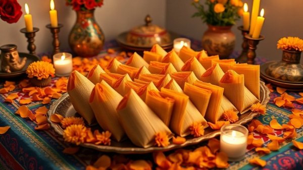 Colorful marigold tamales display on vibrant traditional table