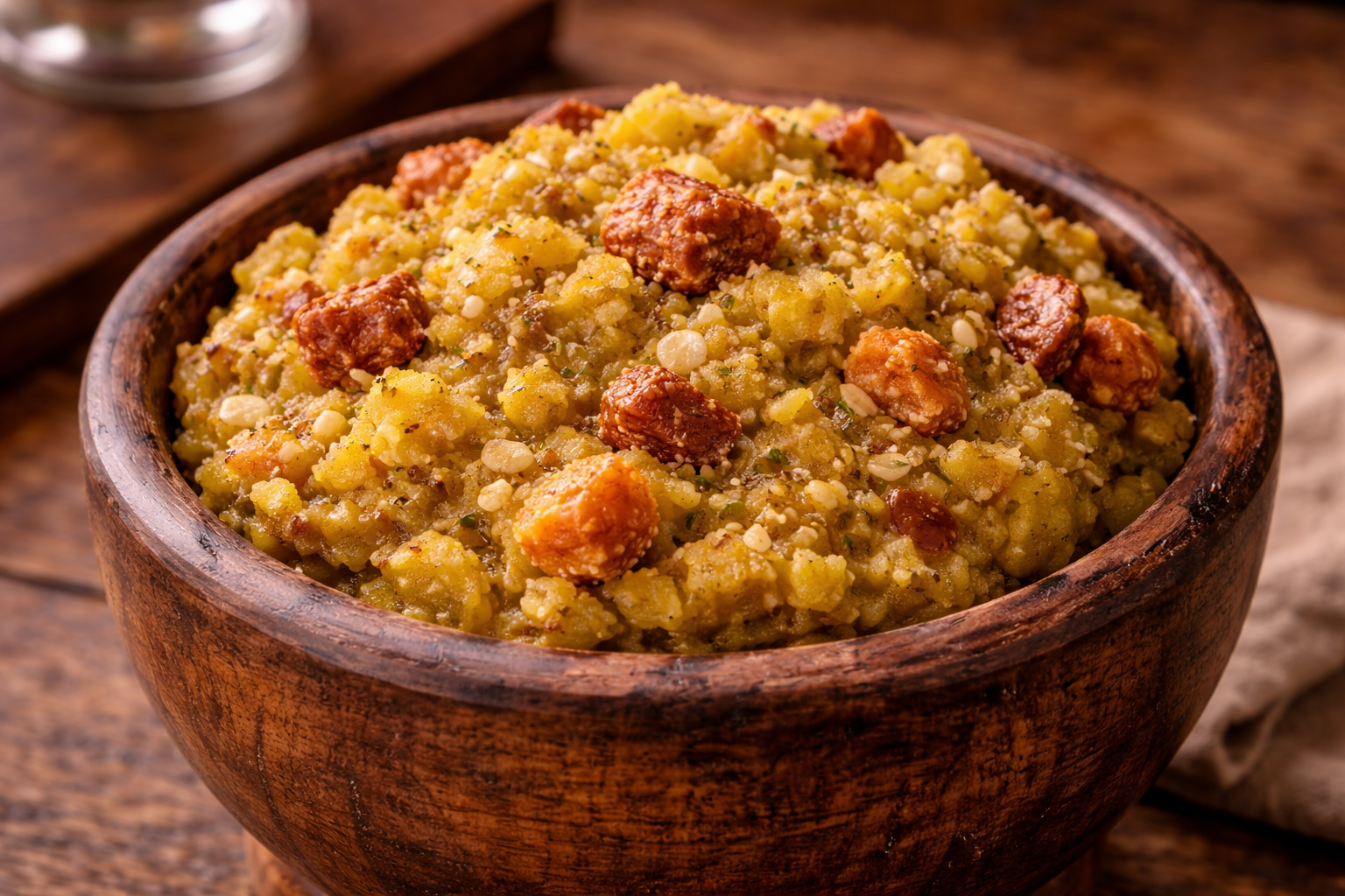 close up of mashed plantain mofongo with garlic and pork cracklings