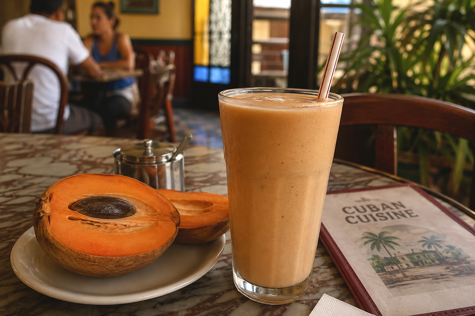 Batido de mamey served in a Cuban restaurant with fresh mamey sapote fruit