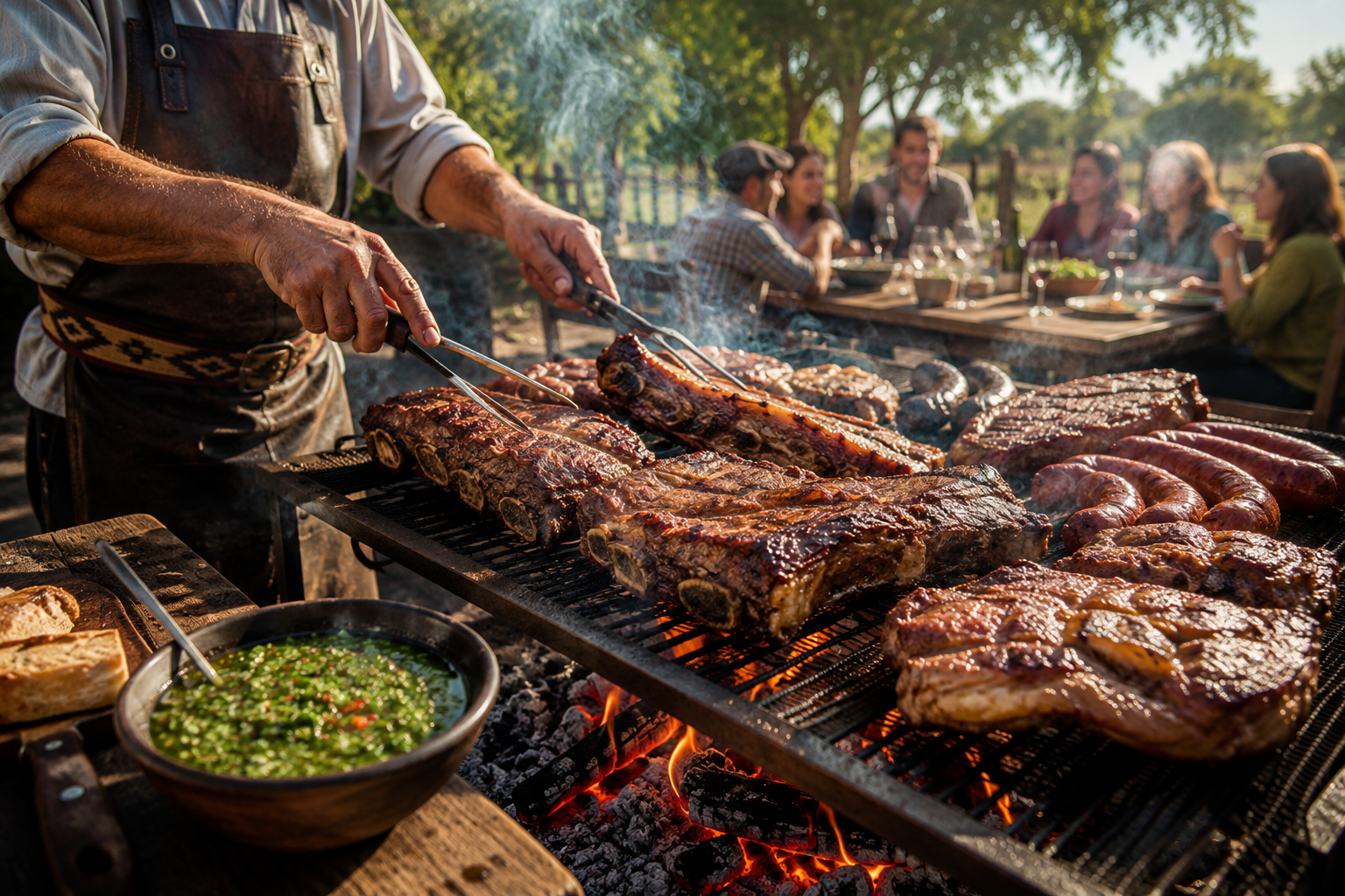 Traditional Argentine asado cooking on a parrilla with grilled beef, chorizo, chimichurri, and family gathered outdoors.