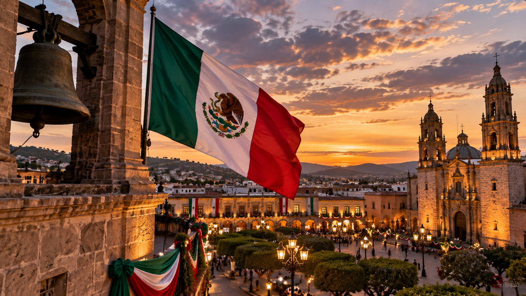 Mexican flag and historic church bell overlooking a plaza at dusk, representing Mexican Independence Day and the Grito de Dolores.