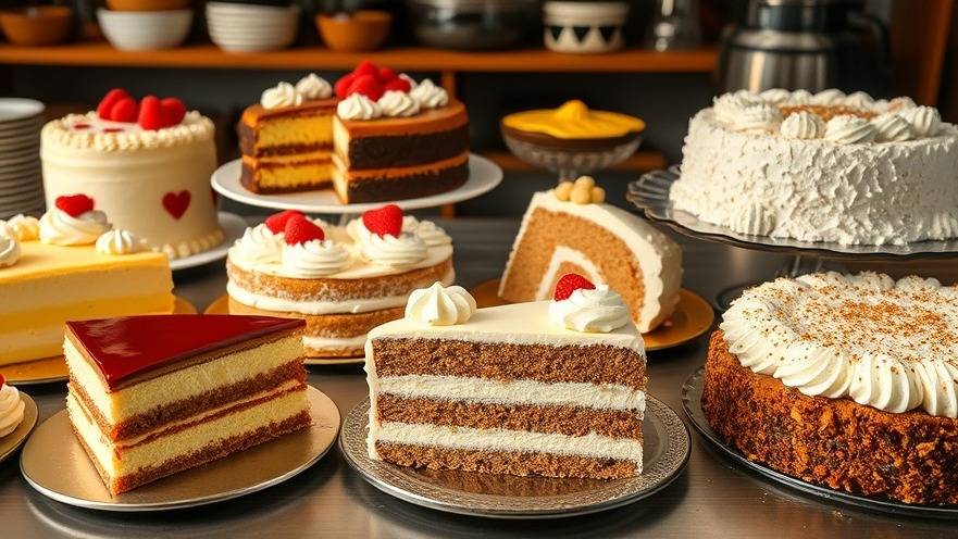assorted traditional Colombian cakes including tres leches, torta negra, and guava cake in a bakery display