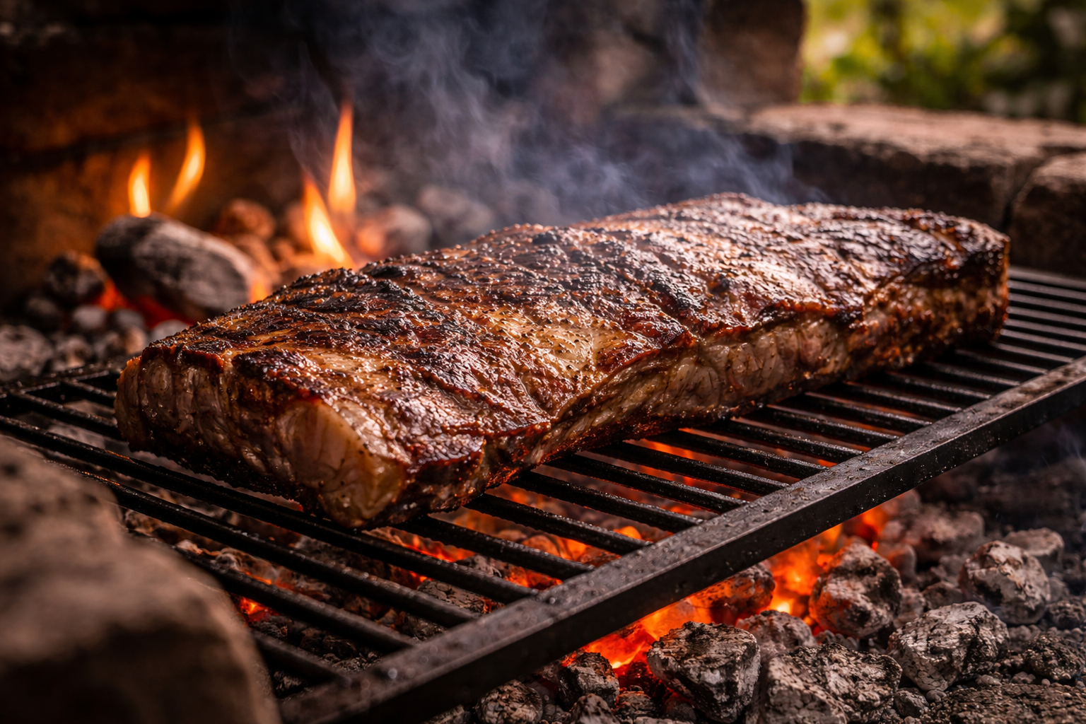 Argentinian vacío beef grilling over open fire on a traditional parrilla, with glowing embers and smoke in a rustic asado setting