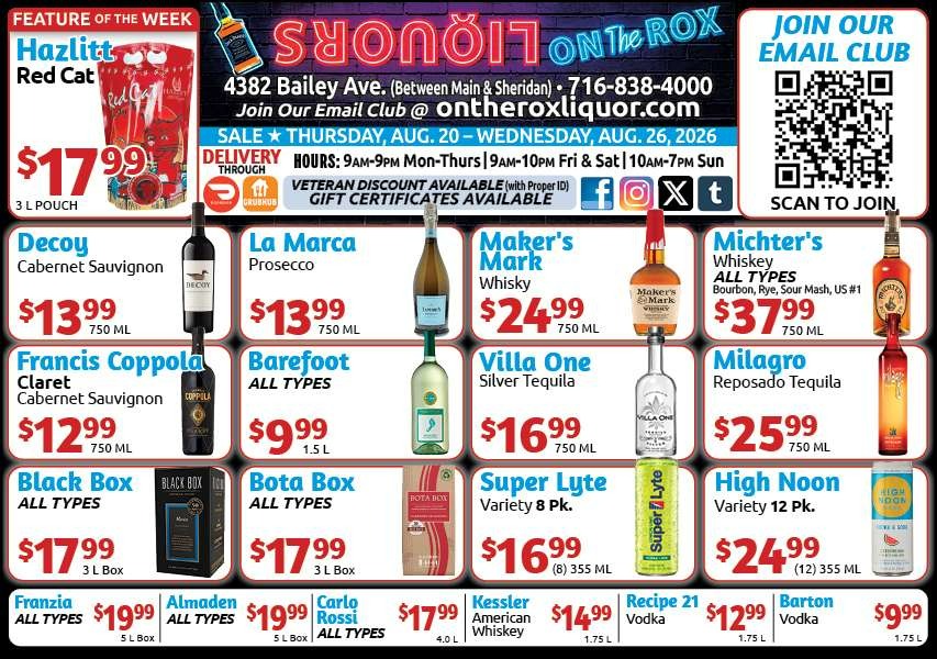 Weekly Sales Ad for On The Rox Liquors in Amherst New York