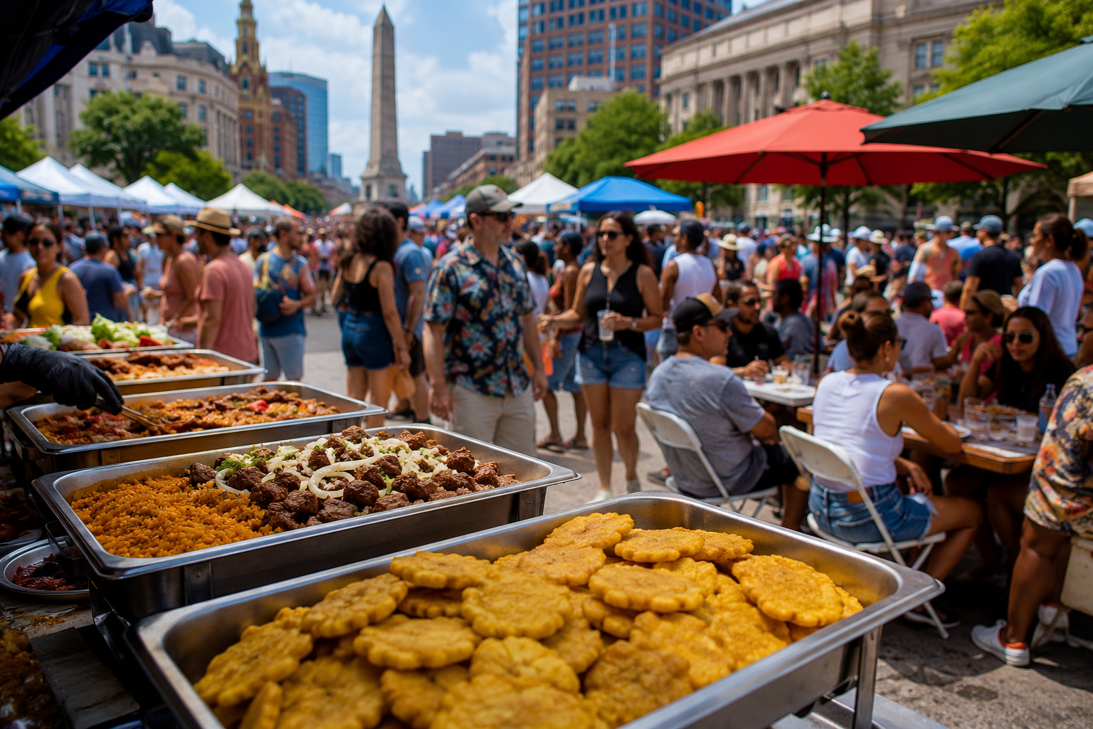 Latin American food vendors and attendees at a summer food festival