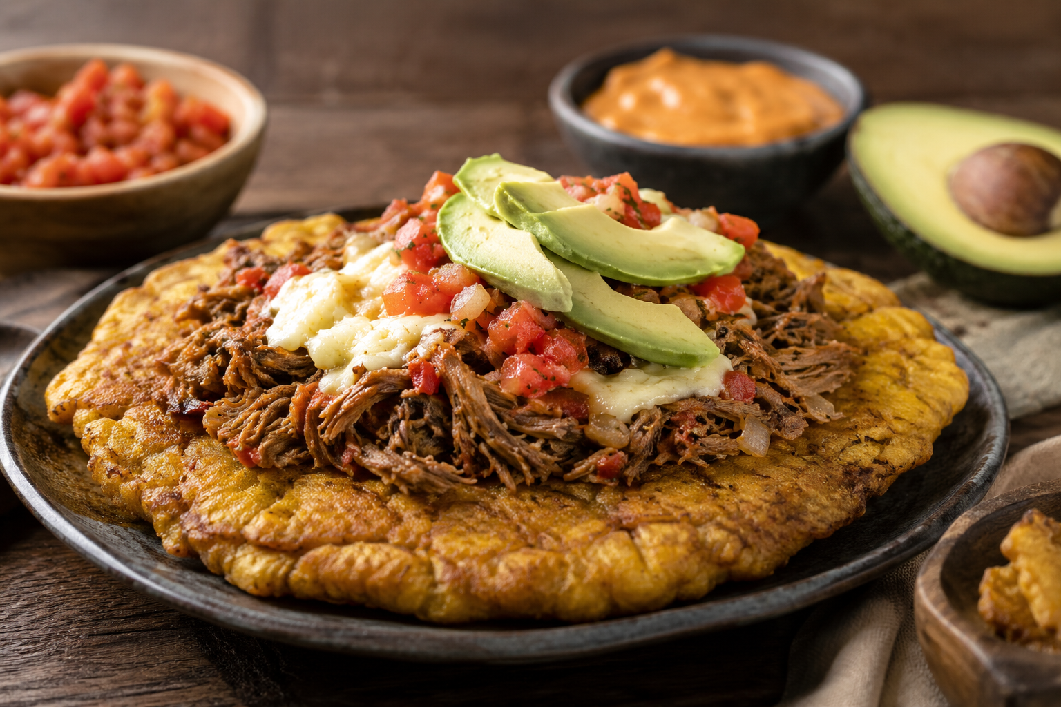 Traditional Colombian Patacón Pisao topped with carne desmechada, avocado, cheese, and fresh salsa on a crispy fried green plantain.