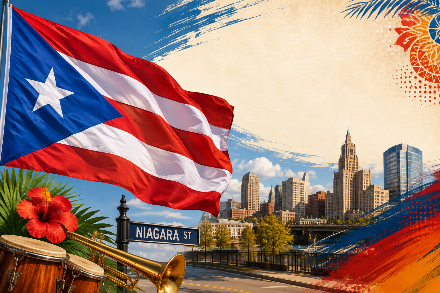 Puerto Rican flag with Buffalo skyline and Niagara Street, representing the Puerto Rican & Hispanic Day Parade in Buffalo, New York.