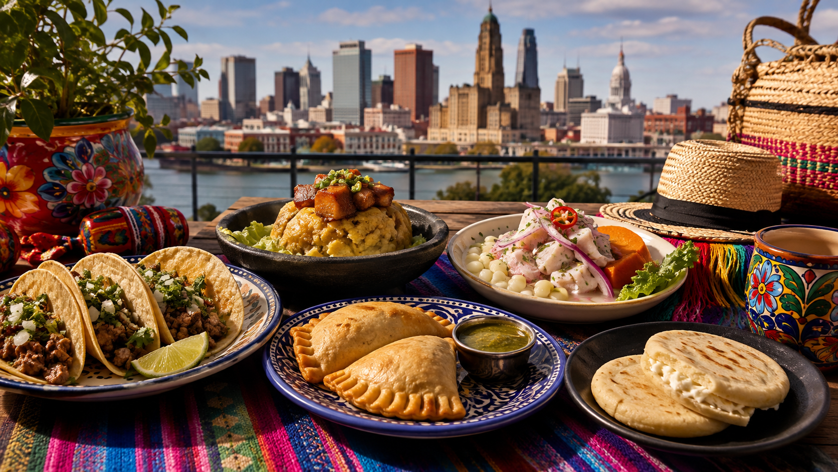 Latin American dishes representing Hispanic food and culture with the Buffalo skyline in the background.