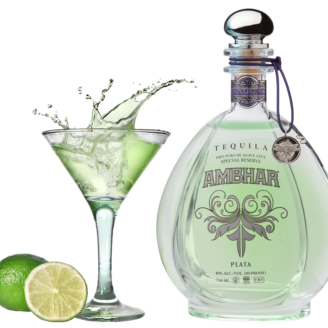 bottle of Ambhar tequila with glass and limes