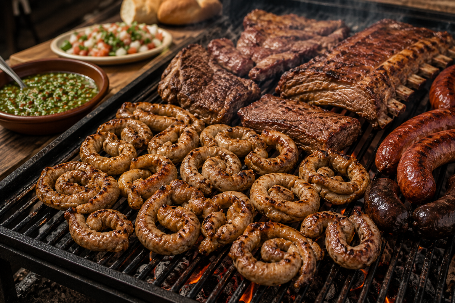 Traditional Argentine asado featuring grilled chinchulines, ribs, chorizo, morcilla, and fresh chimichurri on a parrilla.