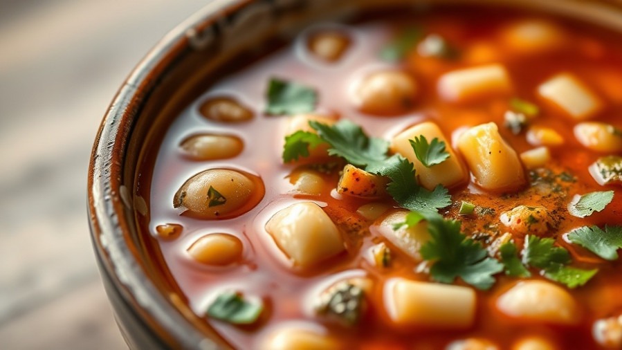 Traditional Mexican pozole soup with hominy and herbs