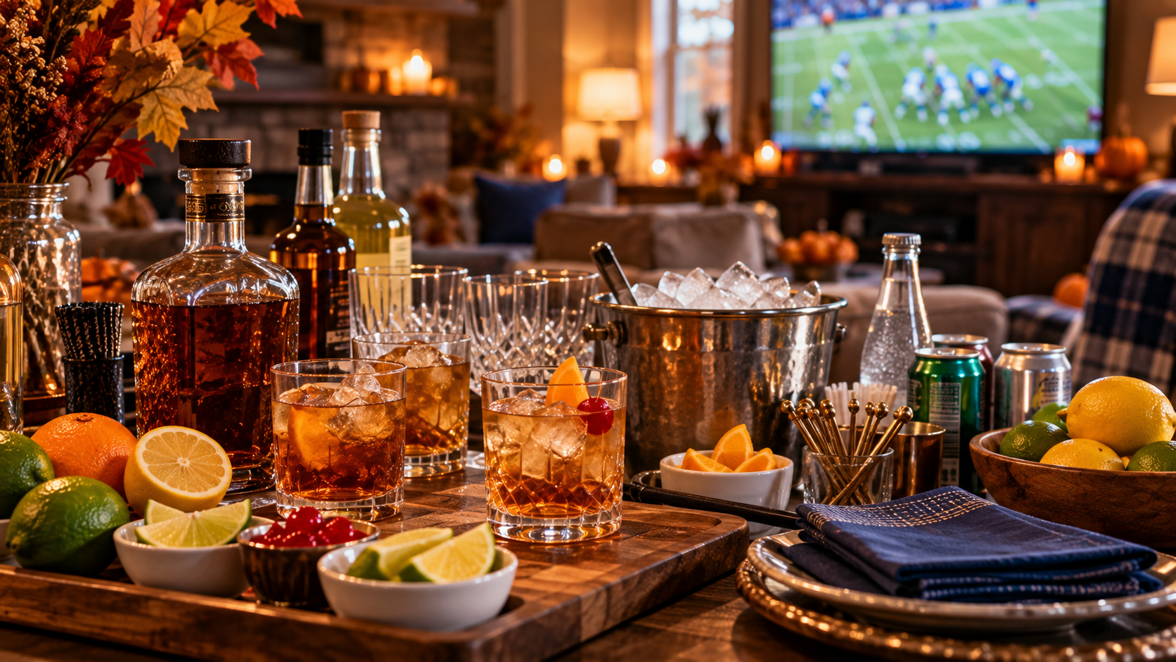 Whiskey and mixers for a fall football watch party