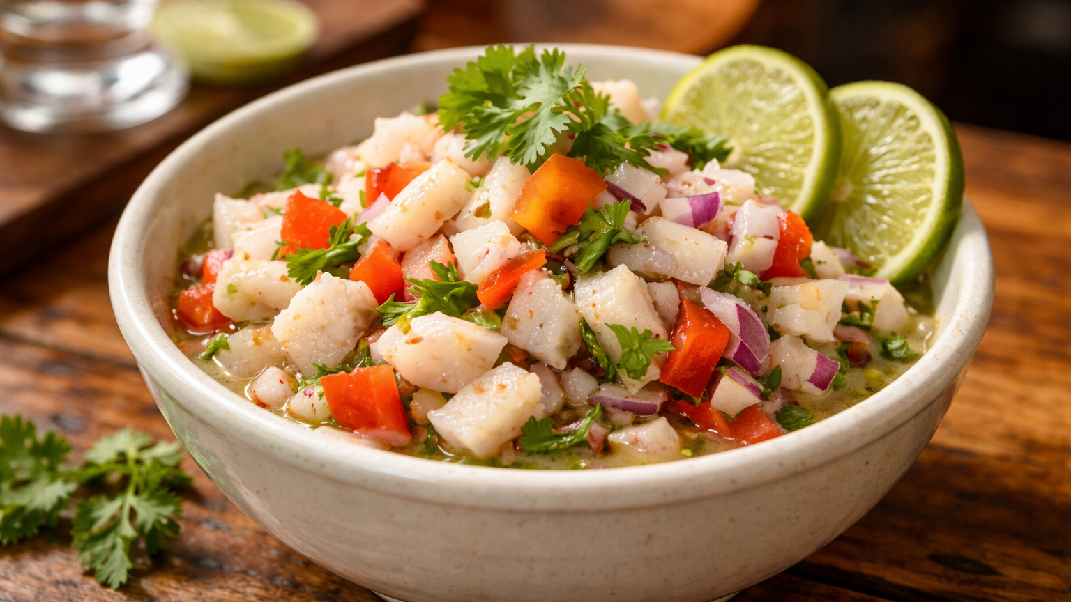 Fresh ceviche with diced fish marinated in lime juice with red onions and cilantro in a bowl