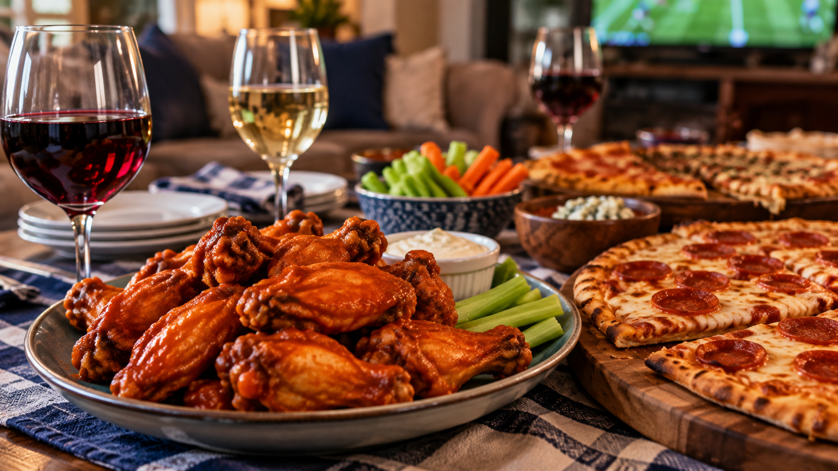Wine paired with wings and pizza for a Buffalo football party