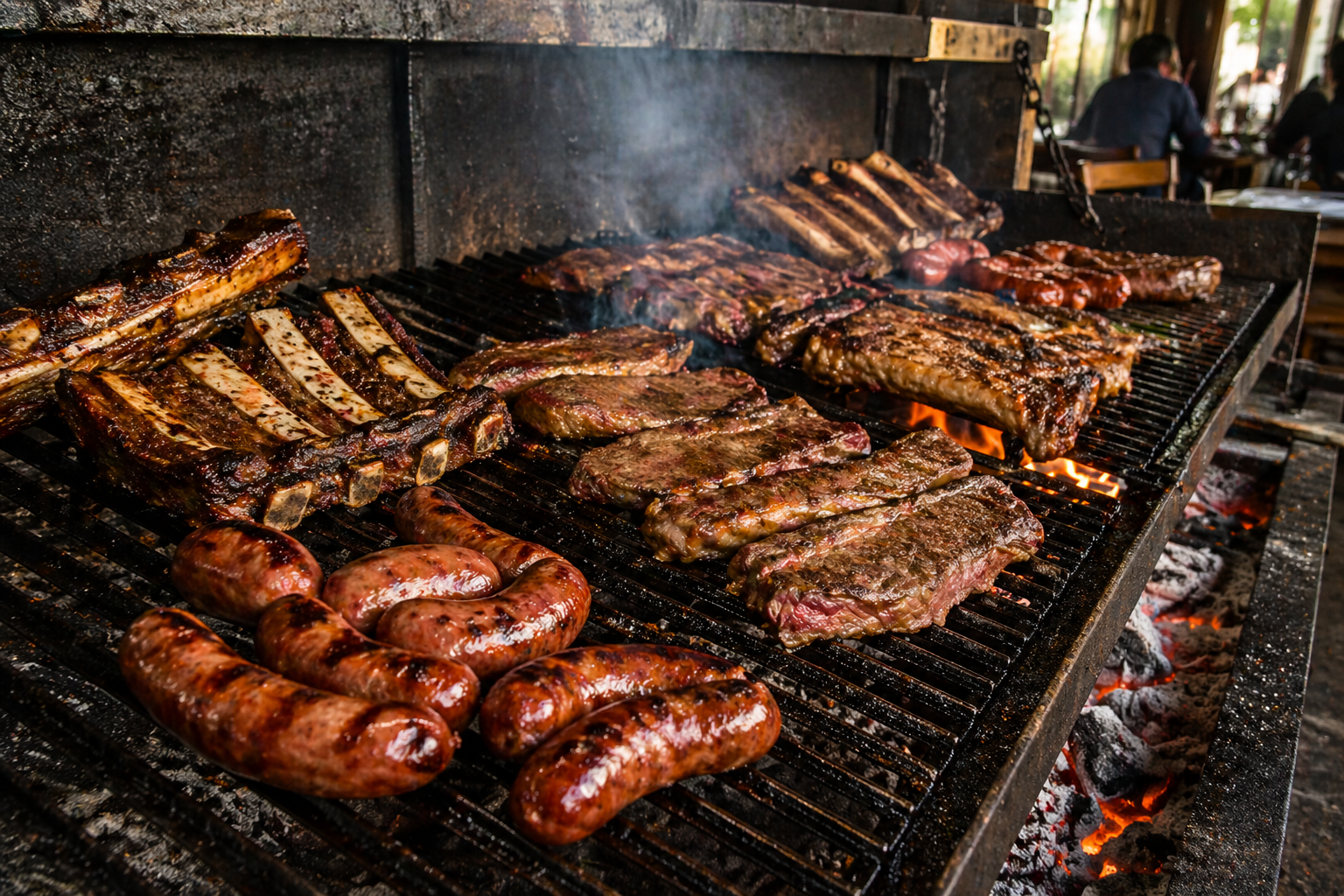 asado argentino on parrilla grill with chorizo sausages, beef ribs, and steak over charcoal fire