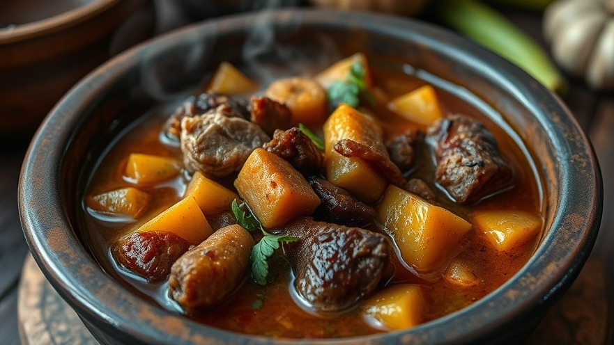 Dominican sancocho stew in rustic bowl, showcasing rich colors and warm atmosphere.