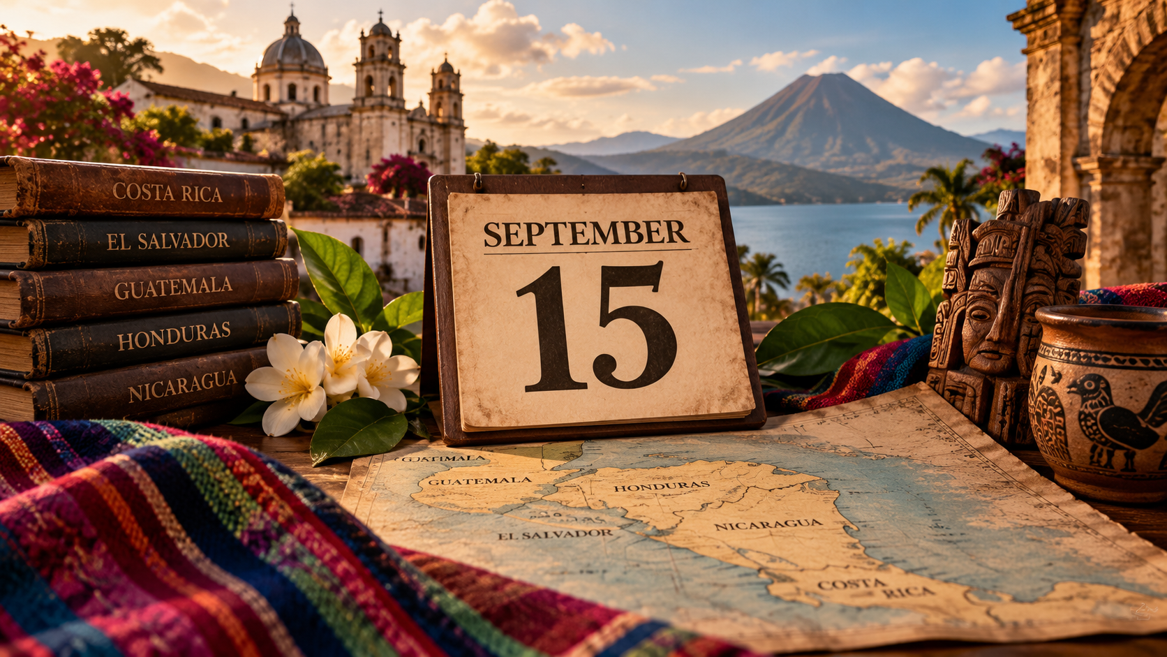 Editorial illustration representing September 15 and the five Central American countries whose independence anniversaries help mark the beginning of Hispanic Heritage Month.