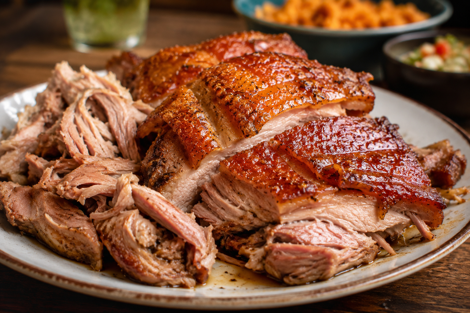 Puerto Rican pernil served with crispy roasted pork skin and sliced meat