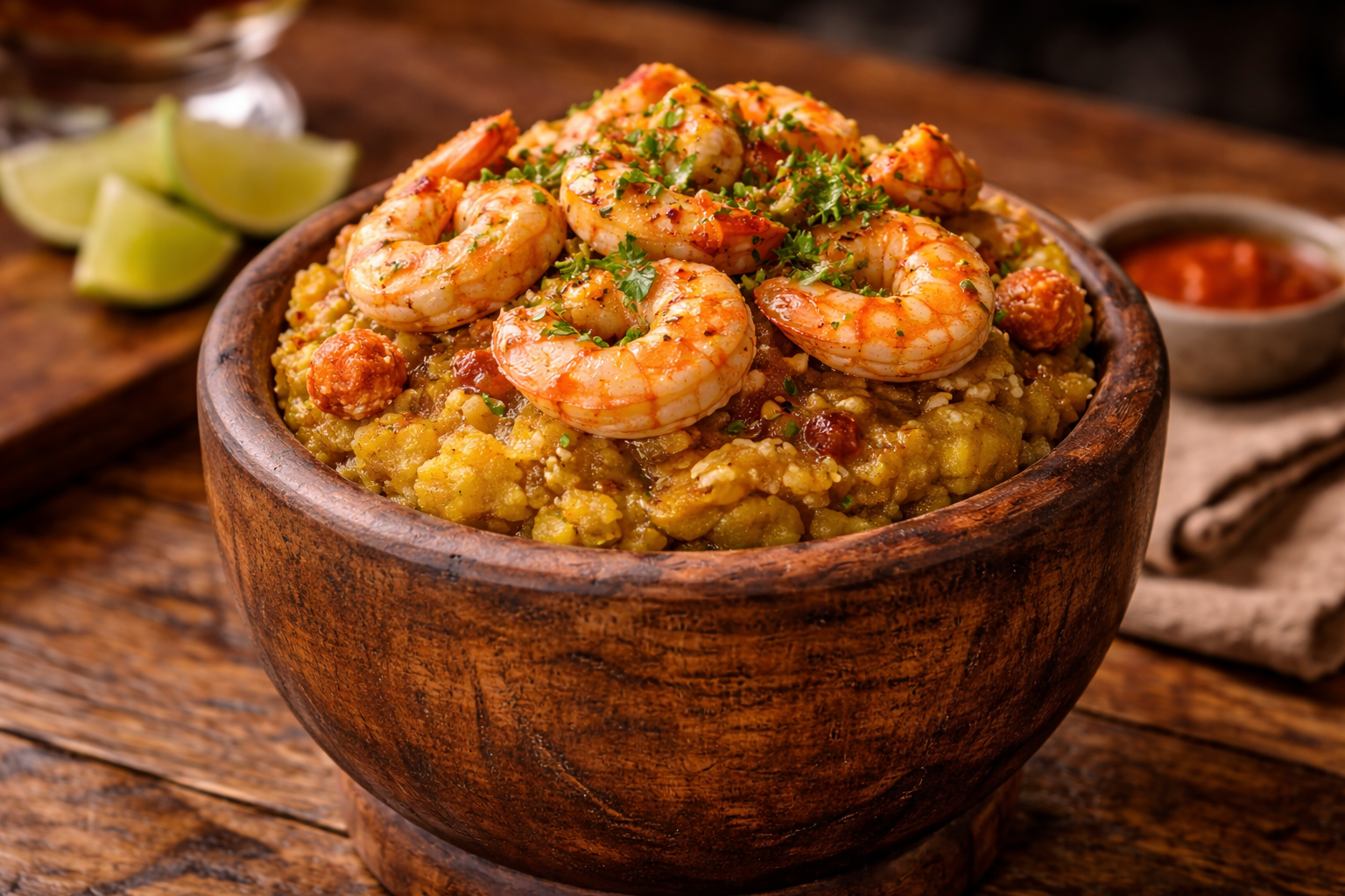 Puerto Rican mofongo with shrimp in garlic sauce served in a rustic bowl