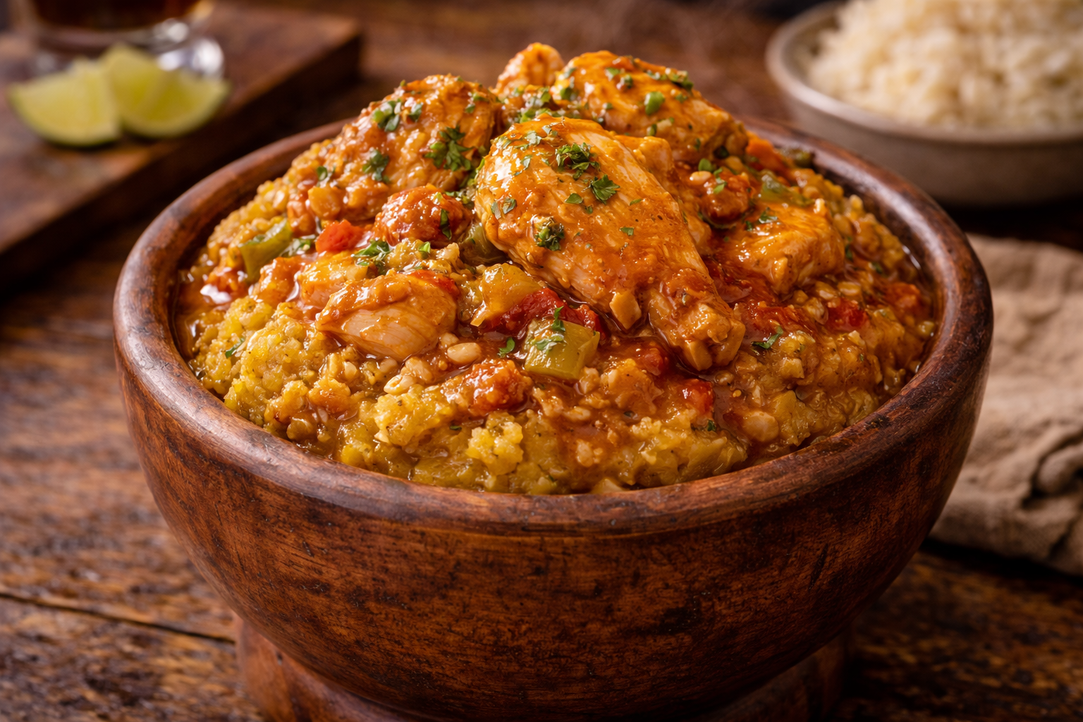 Puerto Rican mofongo served with stewed chicken and sauce