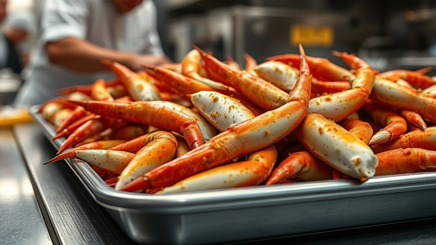 Close-up of seasoned crab legs in a bustling kitchen, highlighting traditional Peruvian dishes.