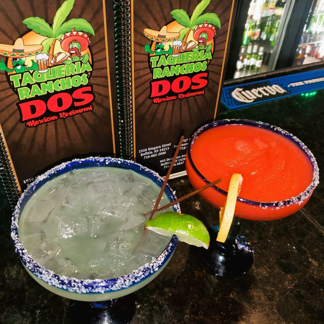 Margaritas on bar at Taqueria Ranchos Dos