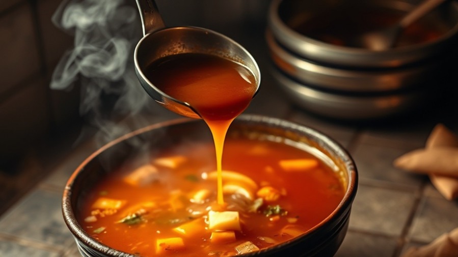 Hot broth being poured into a bowl of Mexican soup