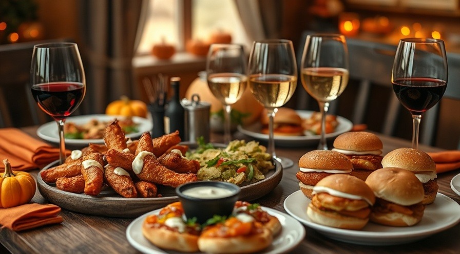Red and white wine paired with Buffalo wings, pizza and Halloween party food