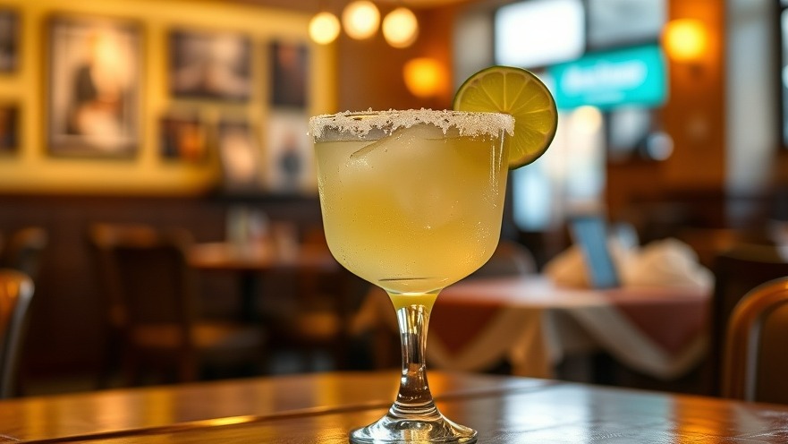 Classic lime margarita in a salt-rimmed glass, warm ambiance, authentic restaurant vibe.
