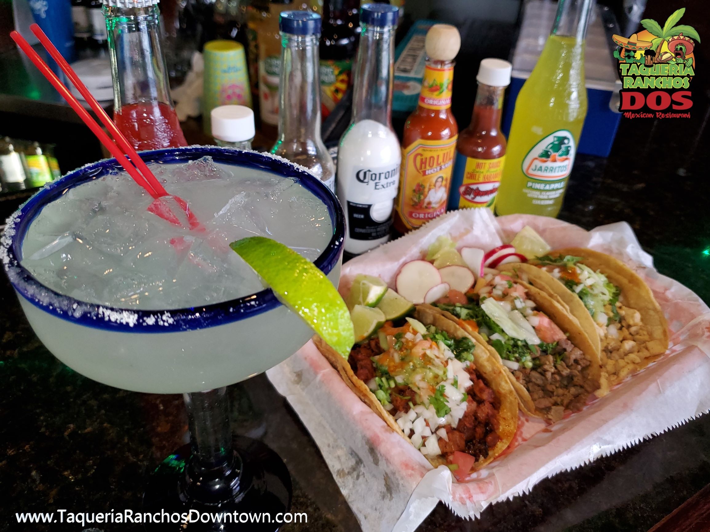 Margarita and Tacos on Bar at Taqueria Ranchos Dos