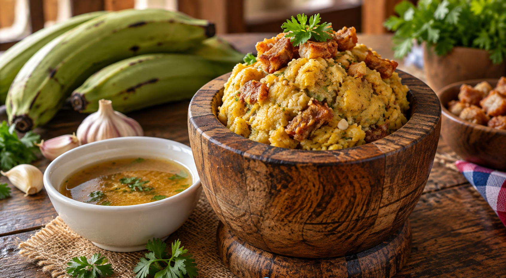 Air fryer mofongo made with green plantains, garlic, and chicharrón served in a traditional wooden pilón with broth.
