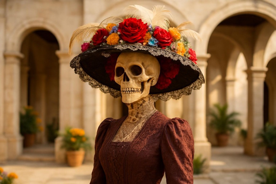 La Catrina wearing an elaborate floral hat and burgundy period dress in a sunlit Mexican courtyard, inspired by Mexico’s Día de Muertos imagery.